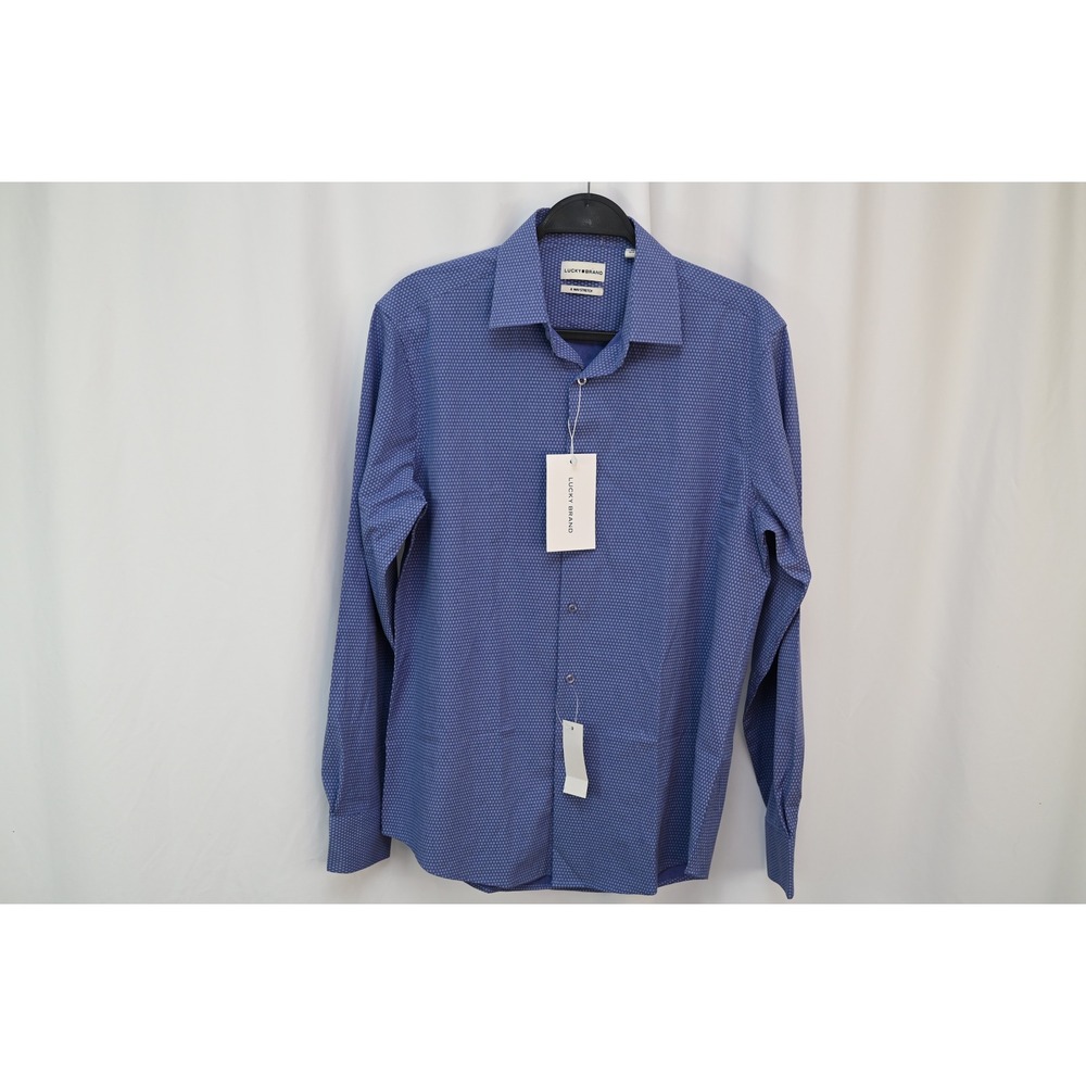 Lucky Brand Mens Slim Fit 4 Way Stretch Diamond Print Shirt Blue M 15-15.5 32/33